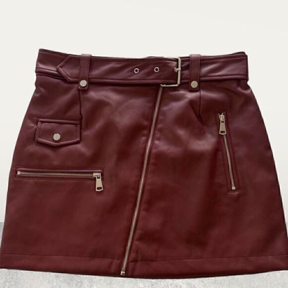 Avec Les Filles Oxblood Red Bikercore Moto Faux Leather Mini Skirt - Picture 4 of 6
